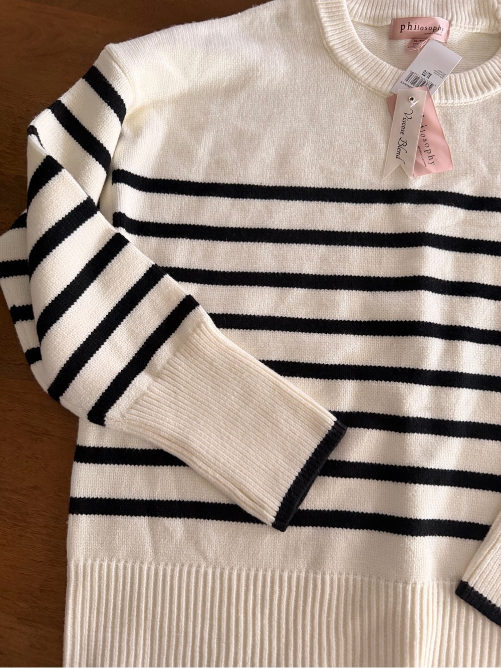 Philosophy Cream and Black Striped Crewneck Sweater